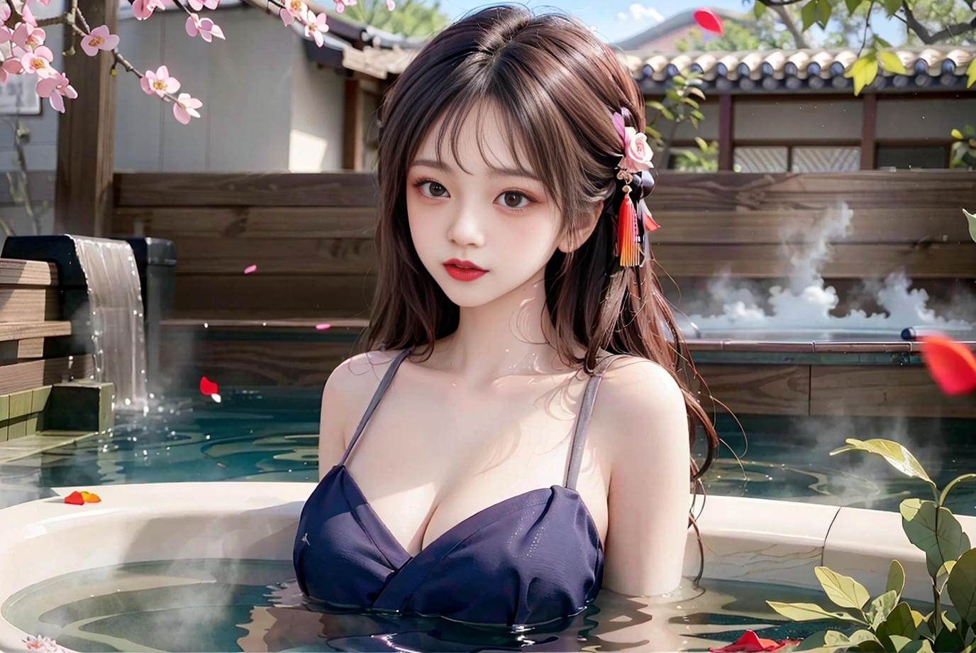 AI绘画国风系列,桃花,美女,温泉