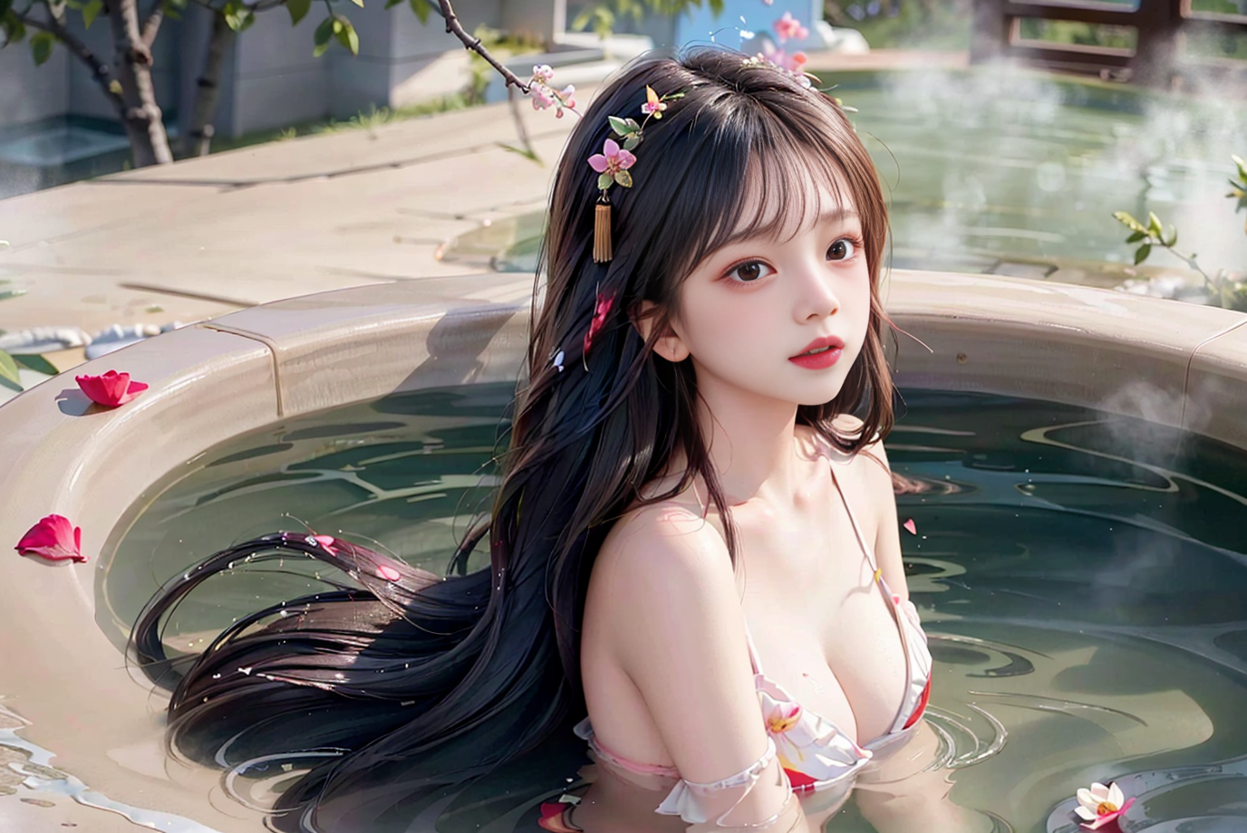 AI绘画国风系列,桃花,美女,温泉
