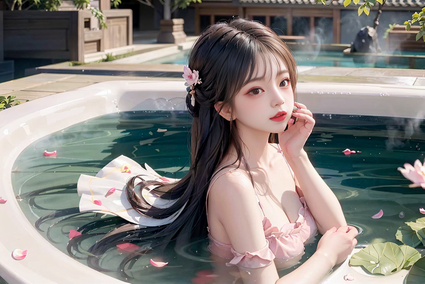 AI绘画国风系列,桃花,美女,温泉