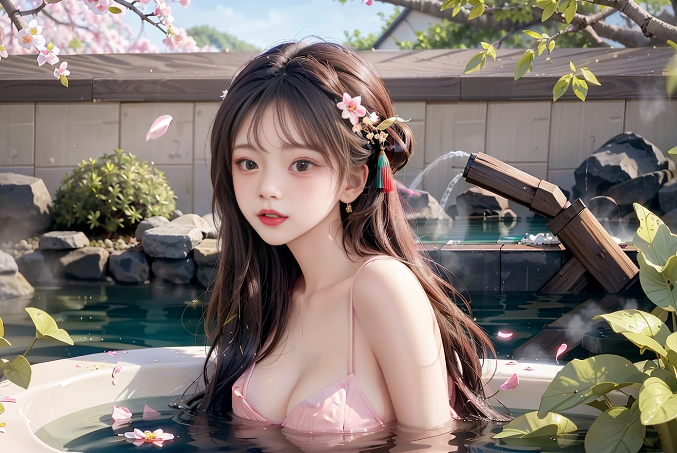 AI绘画国风系列,桃花,美女,温泉