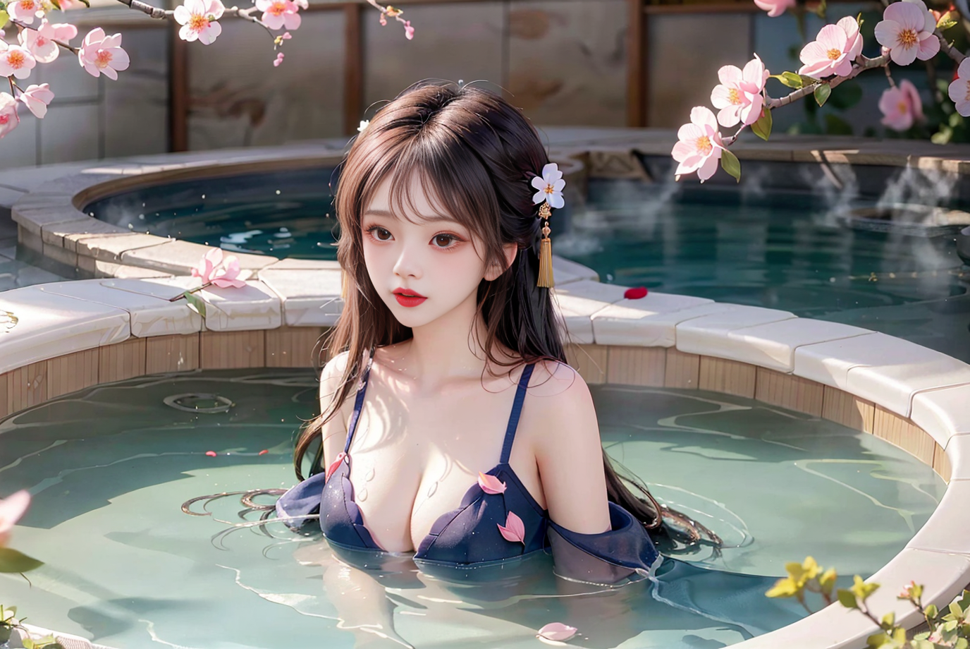 AI绘画国风系列,桃花,美女,温泉