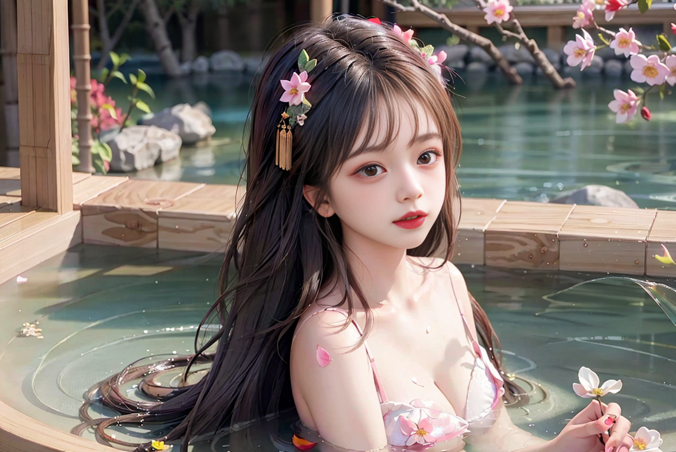 AI绘画国风系列,桃花,美女,温泉